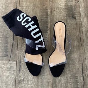 Schutz vinyl & black slip on sandals